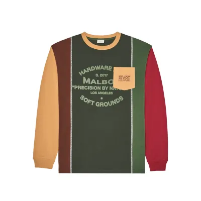 Front view of the olive Malbon Gridline tee showing its color blocking and chest graphic