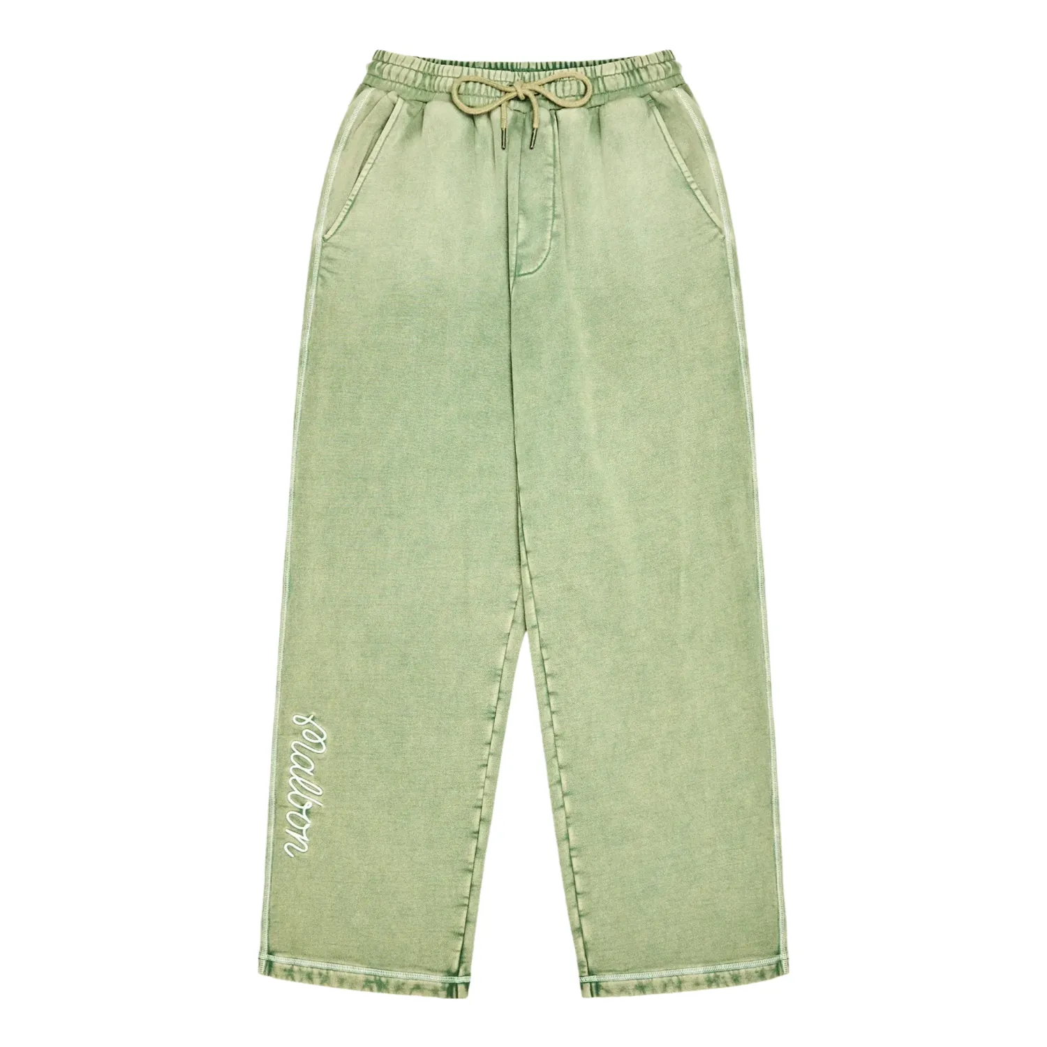 Front view of the Malbon Fragment sweatpants showing the straight legs and lower-leg artwork