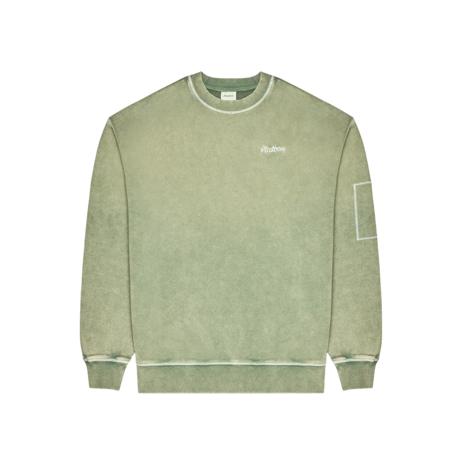 Front view of the Vintage Olive Malbon Range Fragment sweatshirt showing its washed finish