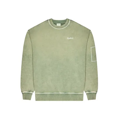 Front view of the Vintage Olive Malbon Range Fragment sweatshirt showing its washed finish
