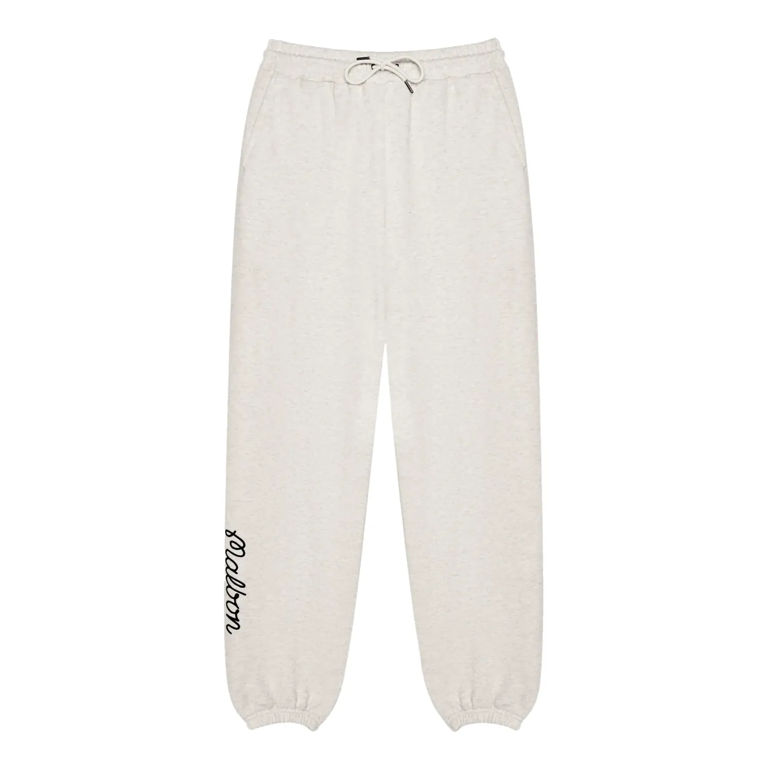 Front view of the Malbon Clubhouse sweatpants showing the drawcord and lower-leg script