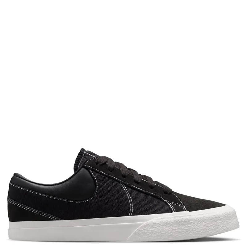 Opposite side view of the black Nike Blazy with suede toe, canvas quarter panel and stitched Swoosh.