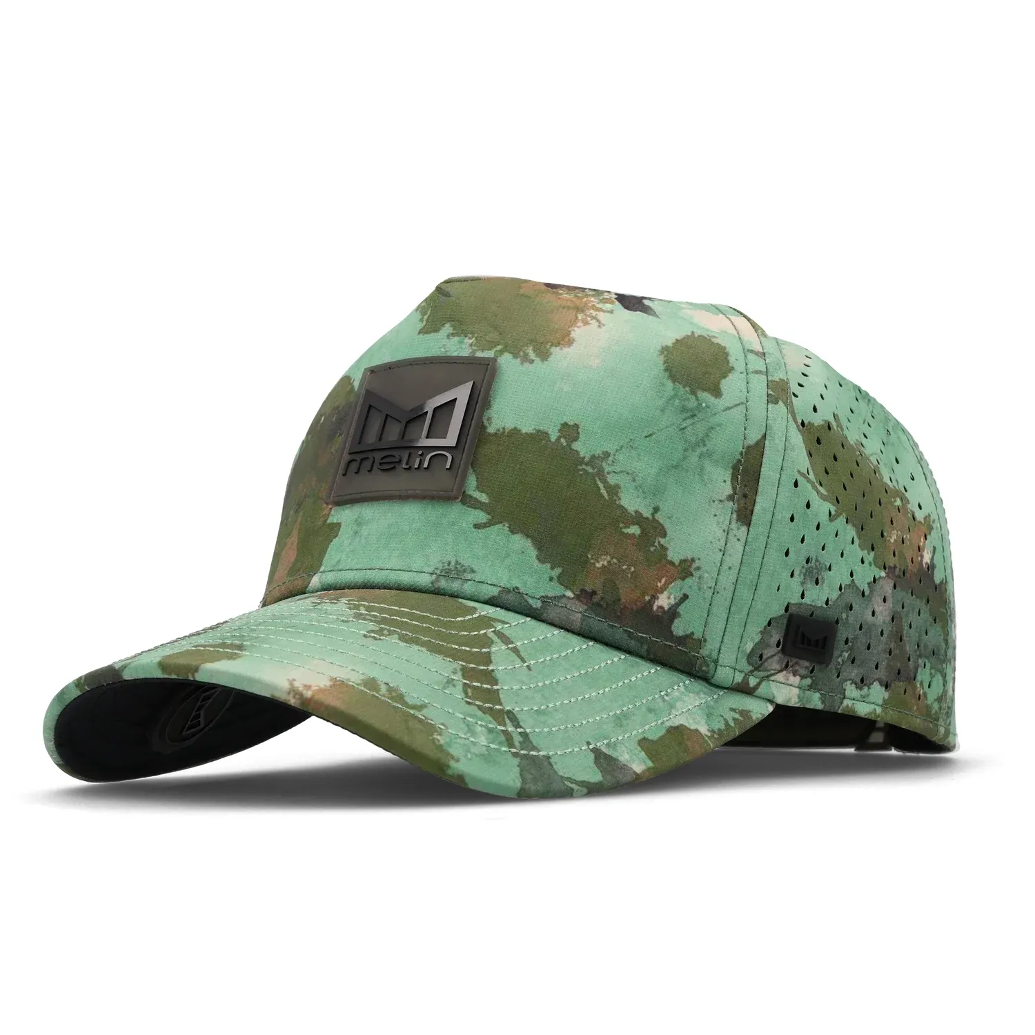 Angled front view of the Melin Odysea Stacked HYDRO snapback hat in watercolor camo.