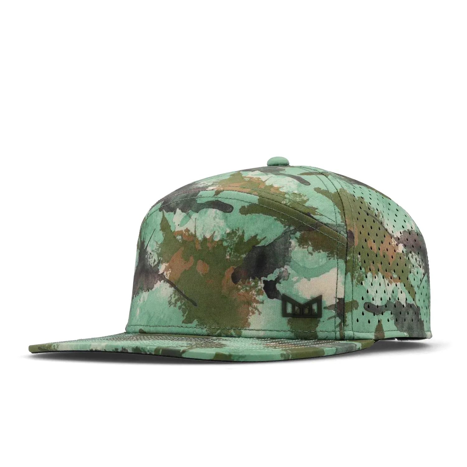 Angled front view of the Melin Trenches Icon HYDRO hat in green watercolor camo.