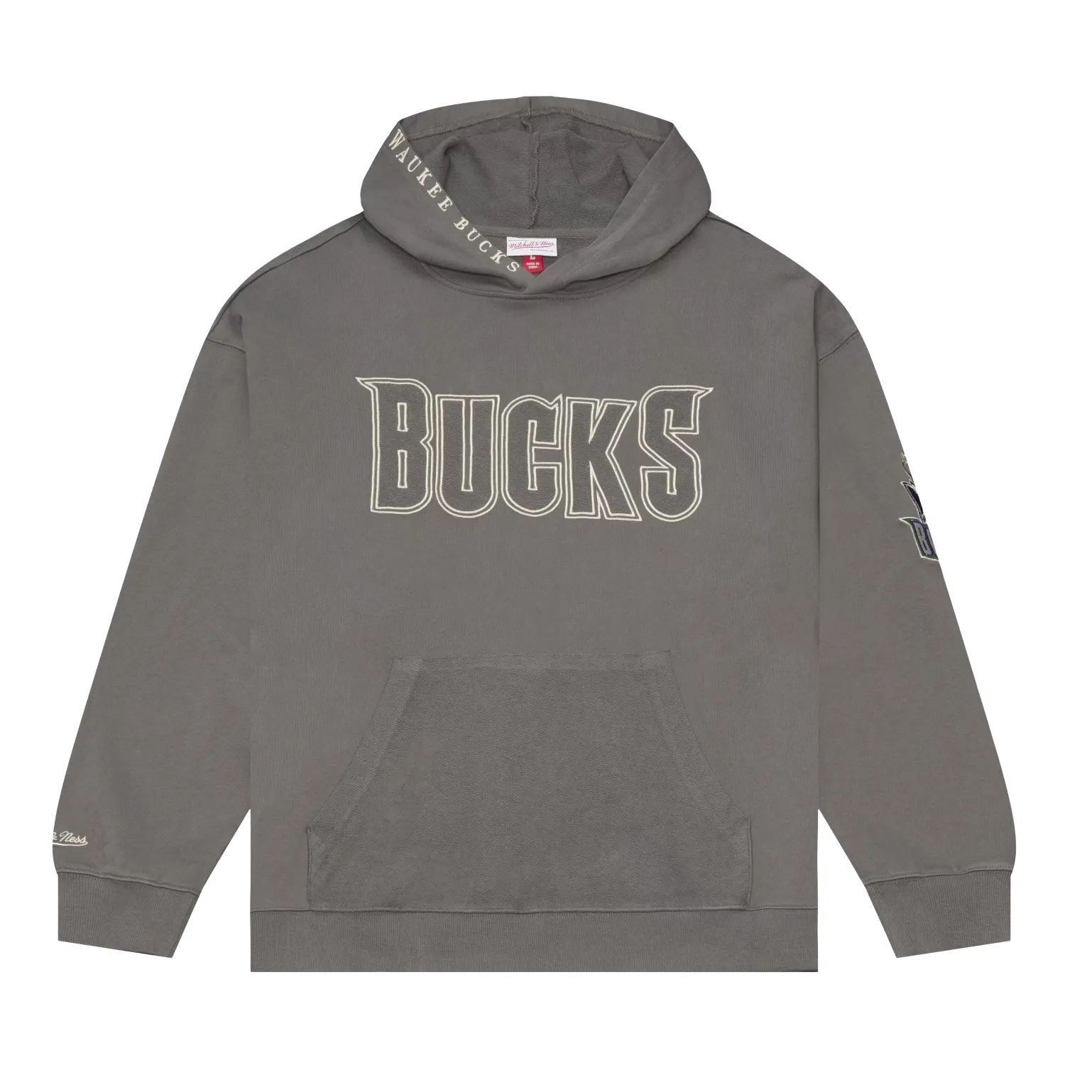 Front view of the charcoal Bucks oversized hoodie with embroidered wordmark, sleeve graphics and pouch pocket.
