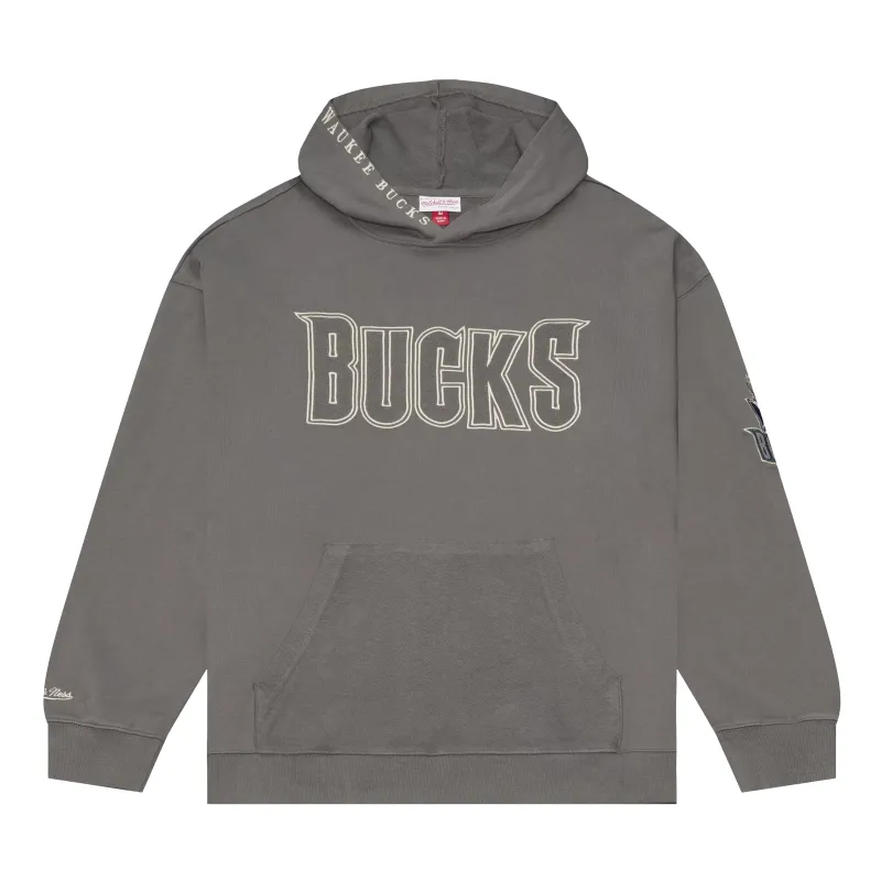 Front view of the charcoal Bucks oversized hoodie with embroidered wordmark, sleeve graphics and pouch pocket.