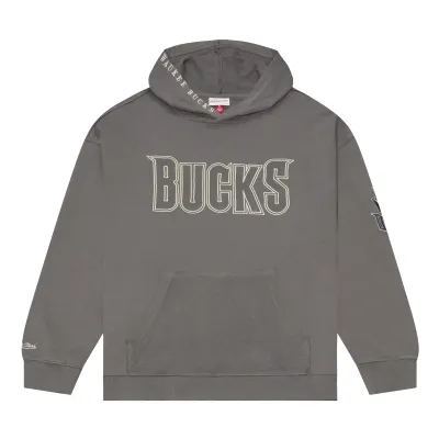Front view of the charcoal Bucks oversized hoodie with embroidered wordmark, sleeve graphics and pouch pocket.