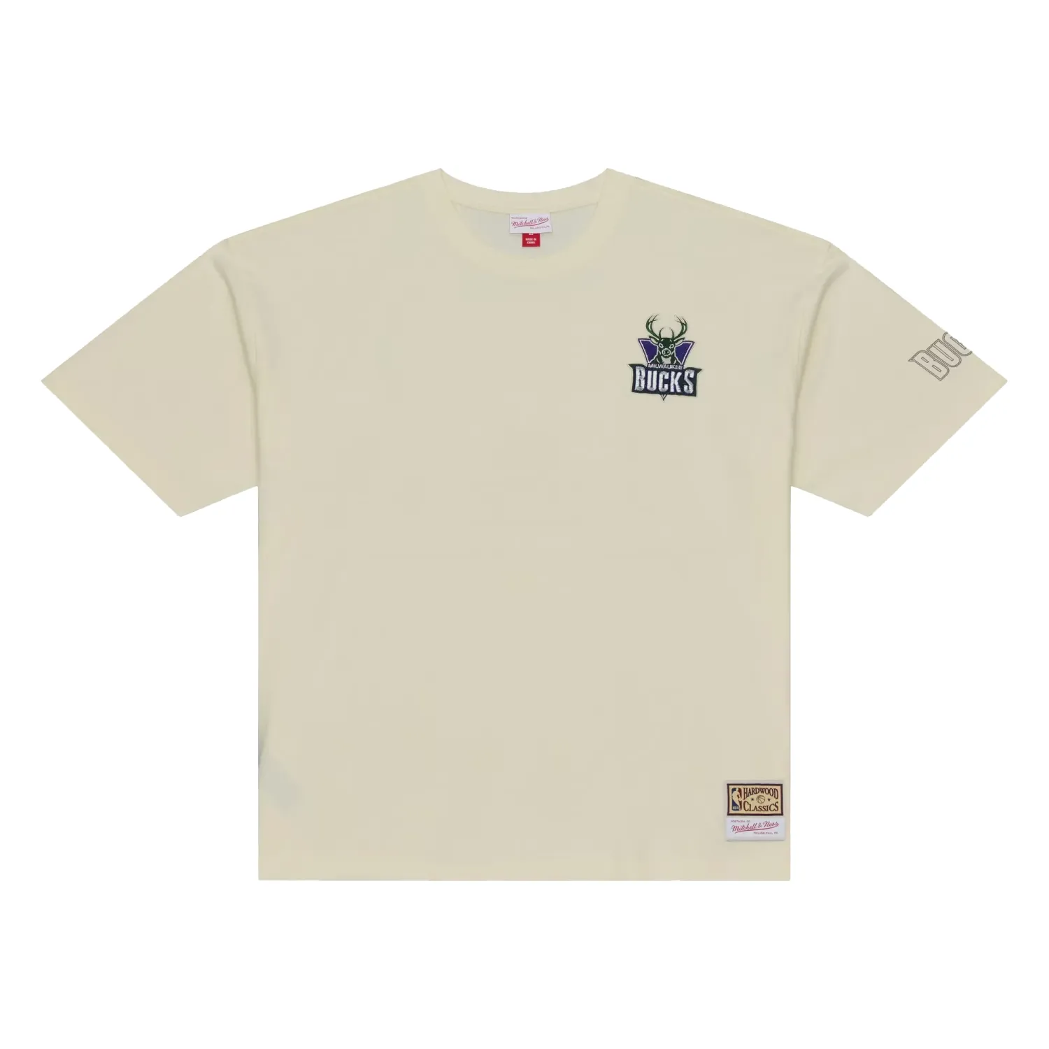 Front view of the cream Bucks oversized tee with an embroidered retro logo and printed sleeve wordmark.