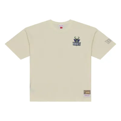 Front view of the cream Bucks oversized tee with an embroidered retro logo and printed sleeve wordmark.