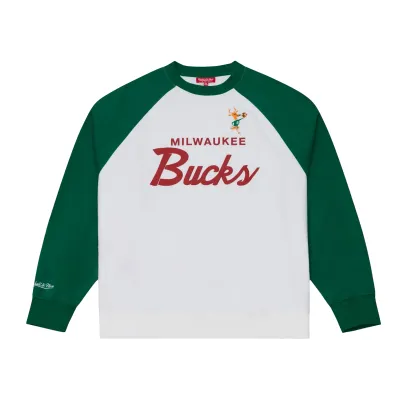Front view of white Bucks sweatshirt with green raglan sleeves, red wordmark, and Bango patch