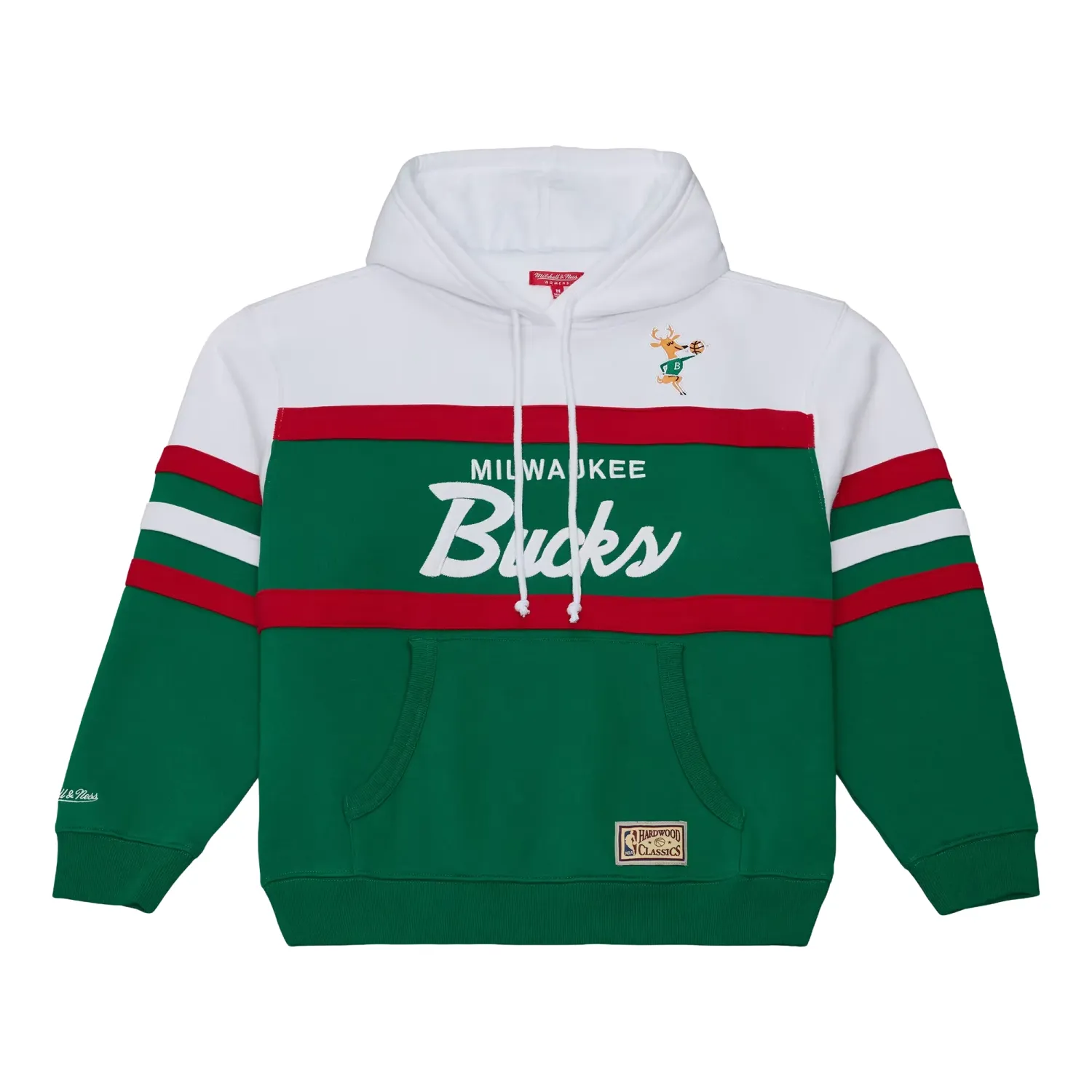 Front view of green and white Bucks hoodie with red stripes, Milwaukee appliqué, and Bango patch
