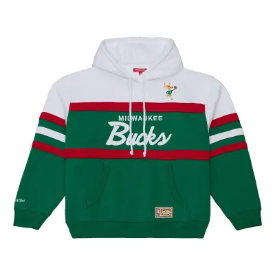 Front view of green and white Bucks hoodie with red stripes, Milwaukee appliqué, and Bango patch