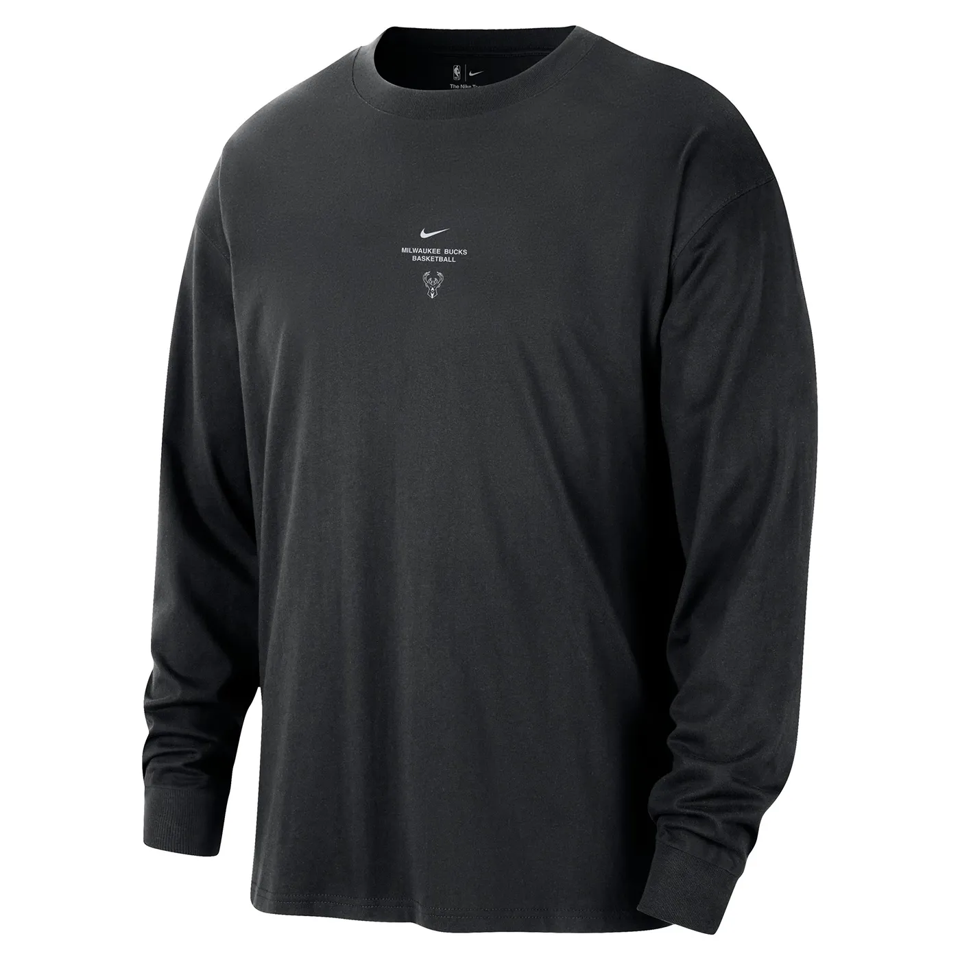 Front view of the black Nike Bucks long sleeve top with small team graphics at the center chest.
