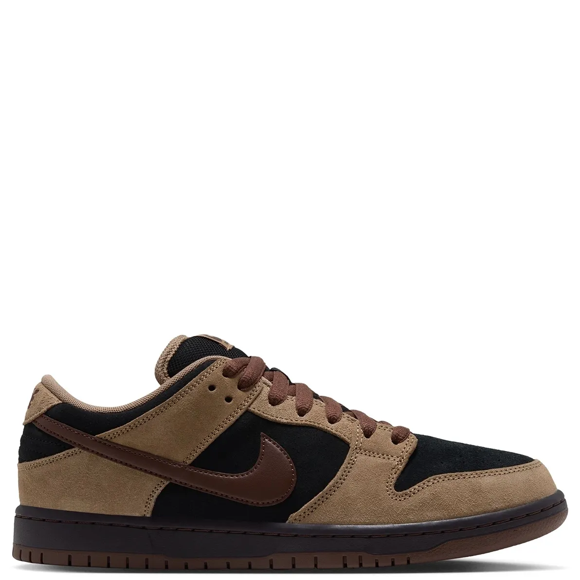 Medial profile of the Nike SB Dunk Low Pro in Filbert and Light Chocolate.