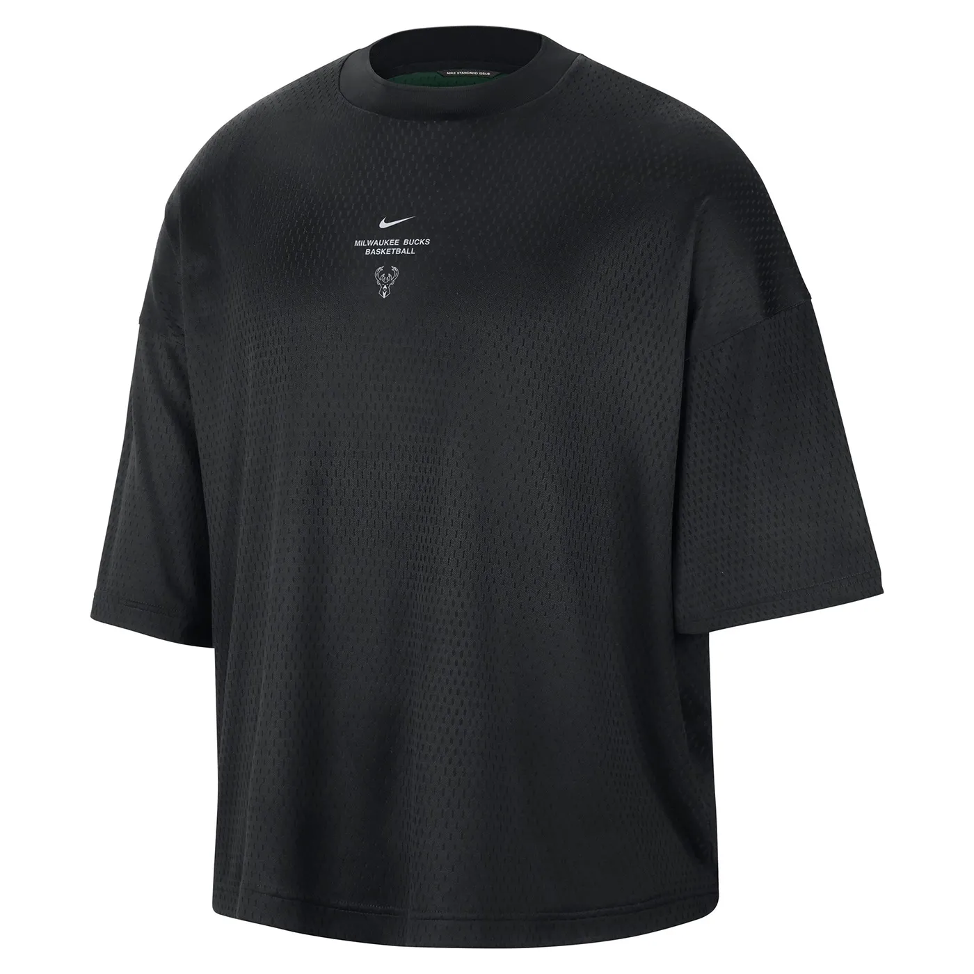 Front view of the black Nike Bucks Standard Issue Game Top with small chest graphics, short sleeves and a crewneck.