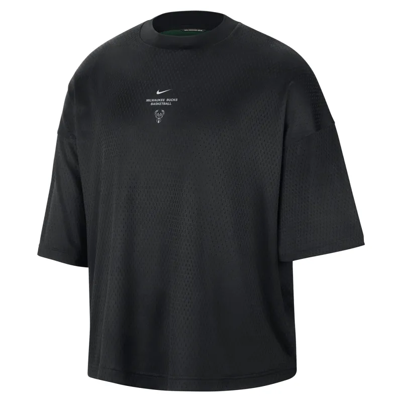 Front view of the black Nike Bucks Standard Issue Game Top with small chest graphics, short sleeves and a crewneck.