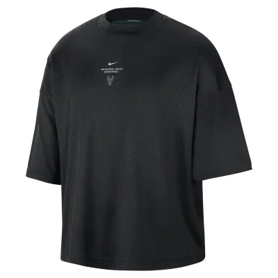 Front view of the black Nike Bucks Standard Issue Game Top with small chest graphics, short sleeves and a crewneck.