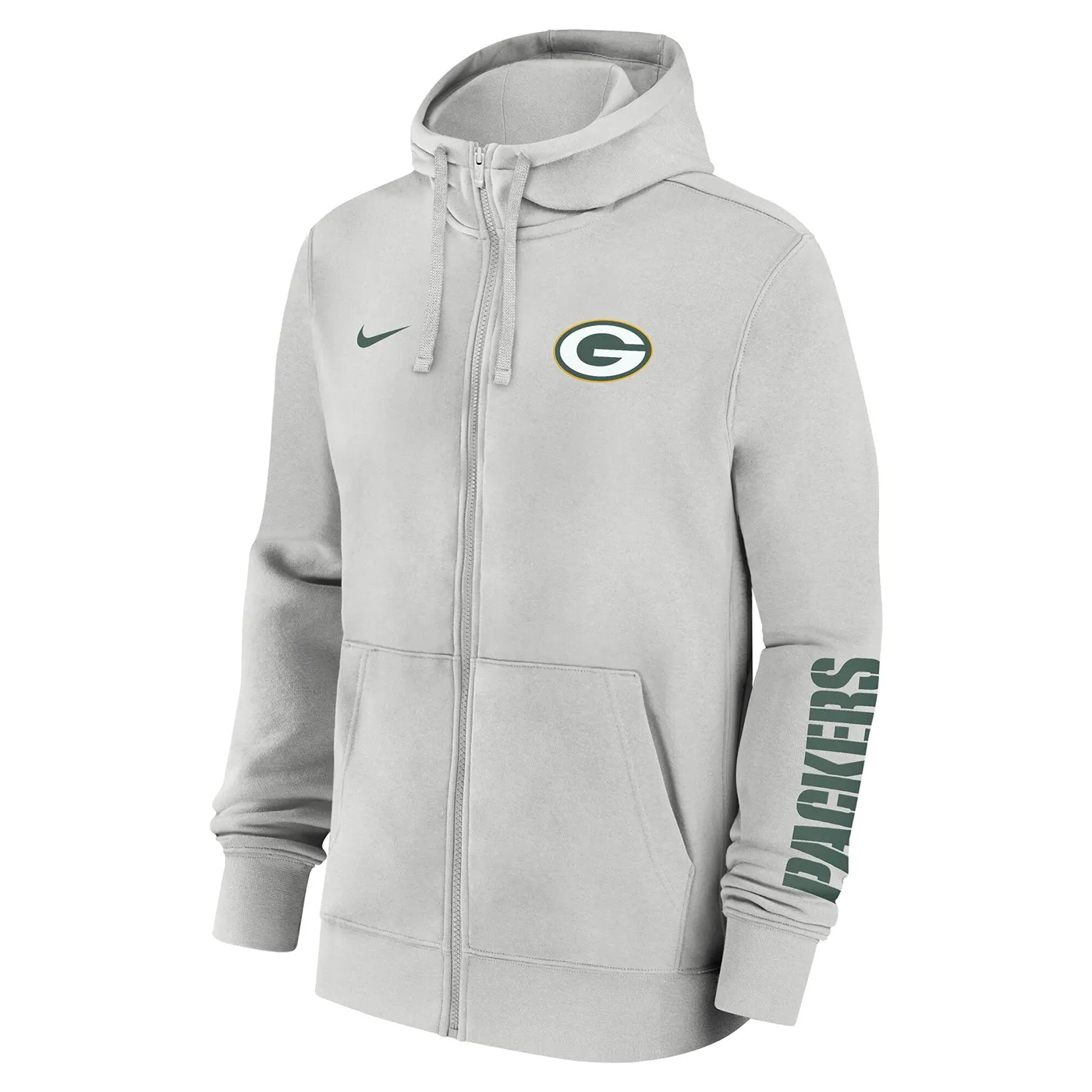 Angled front view of Photon Dust Nike Packers hoodie with chest logo and sleeve wordmark