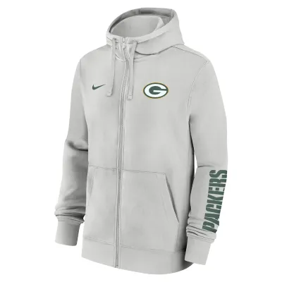 Angled front view of Photon Dust Nike Packers hoodie with chest logo and sleeve wordmark