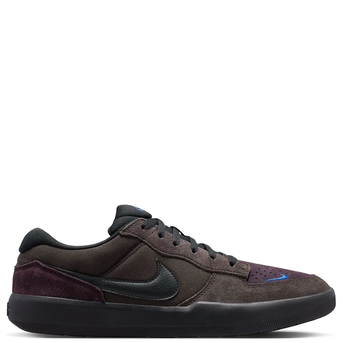 Opposite side view of the Nike SB Force 58 shoe with brown panels and a black cupsole