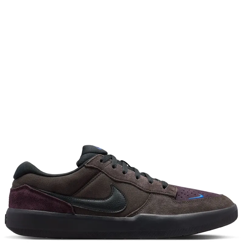 Opposite side view of the Nike SB Force 58 shoe with brown panels and a black cupsole