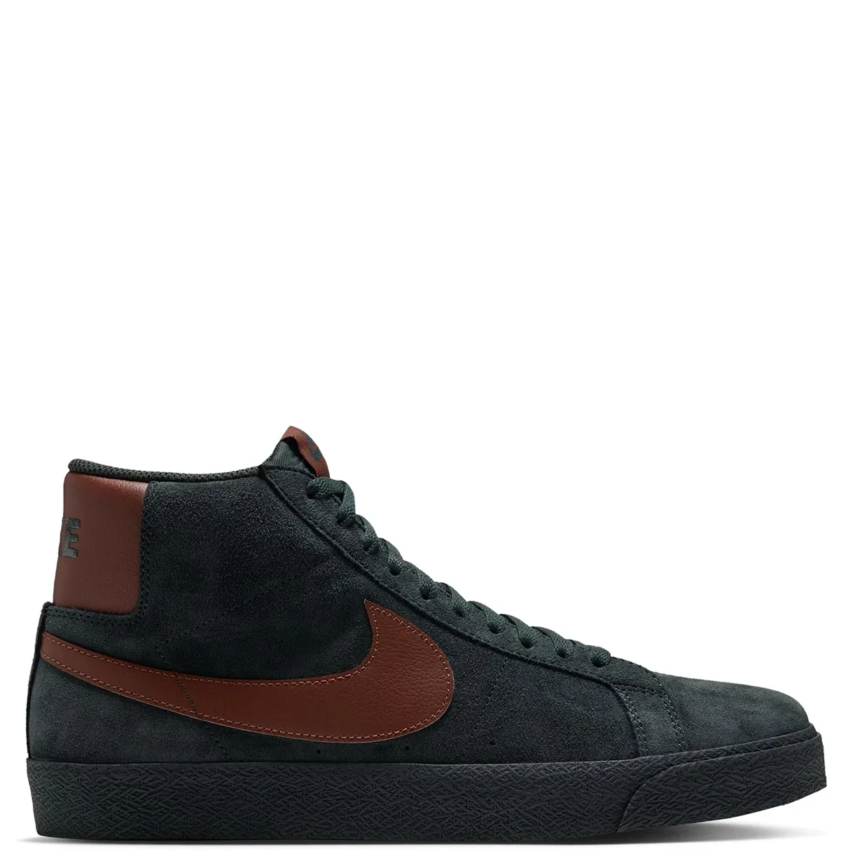 Medial profile of the Black Spruce Nike SB Zoom Blazer Mid.