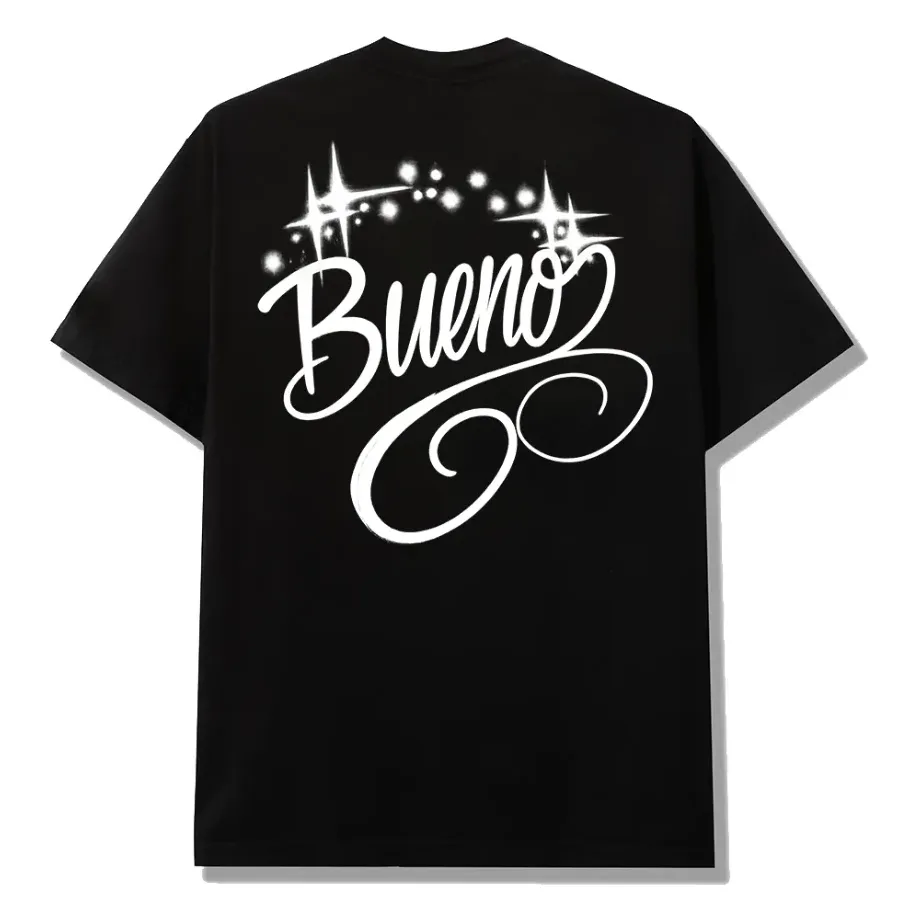Black Bueno cotton T-shirt with script screen-printed graphics at the front chest and back.