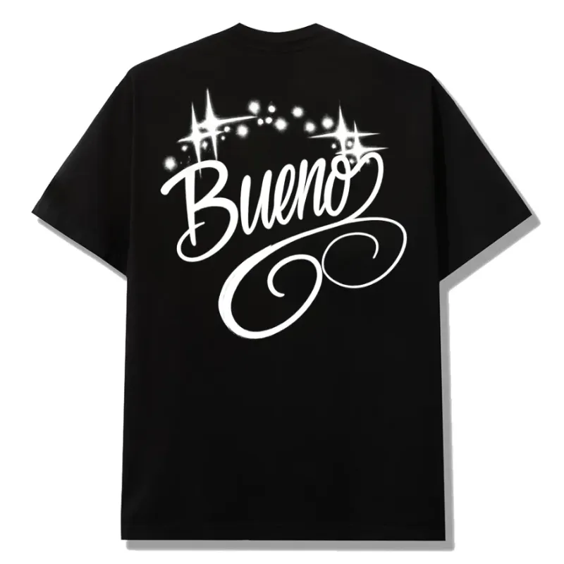 Black Bueno cotton T-shirt with script screen-printed graphics at the front chest and back.