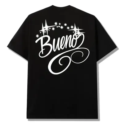 Black Bueno cotton T-shirt with script screen-printed graphics at the front chest and back.