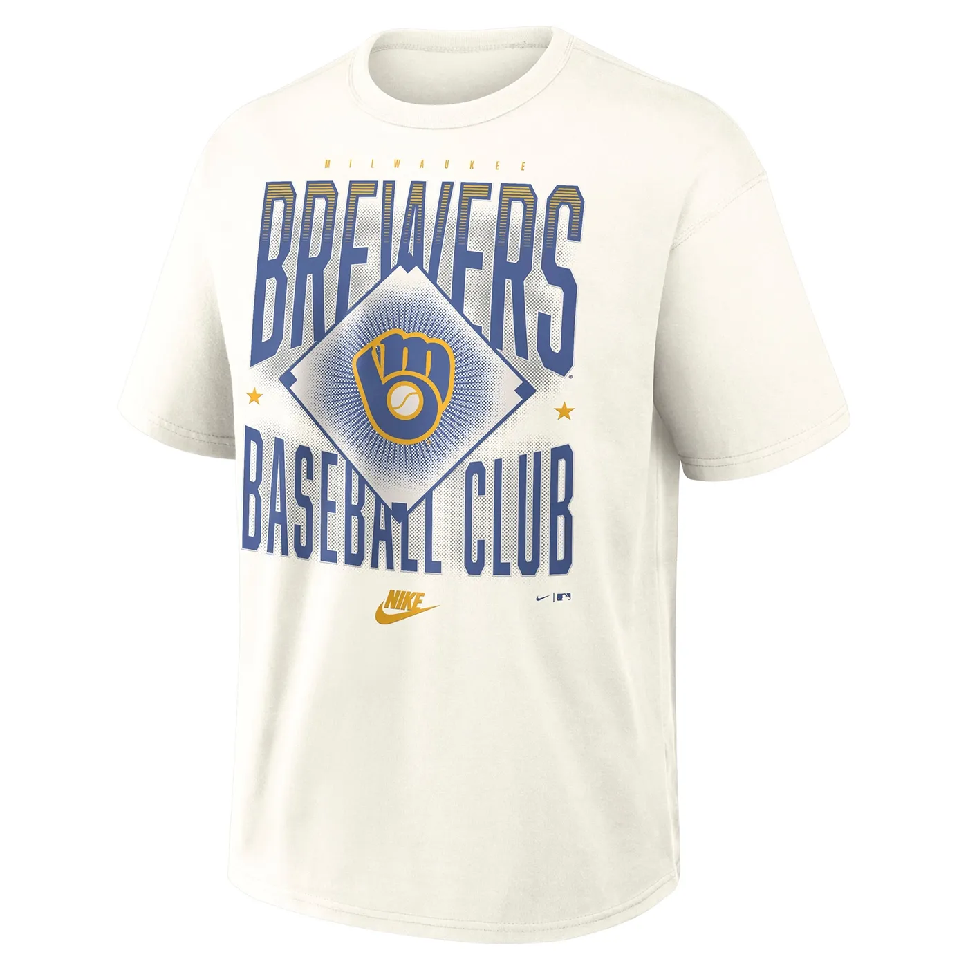 Front view of Sail Nike Brewers Max90 tee with blue Baseball Club graphic and Ball &amp; Glove logo