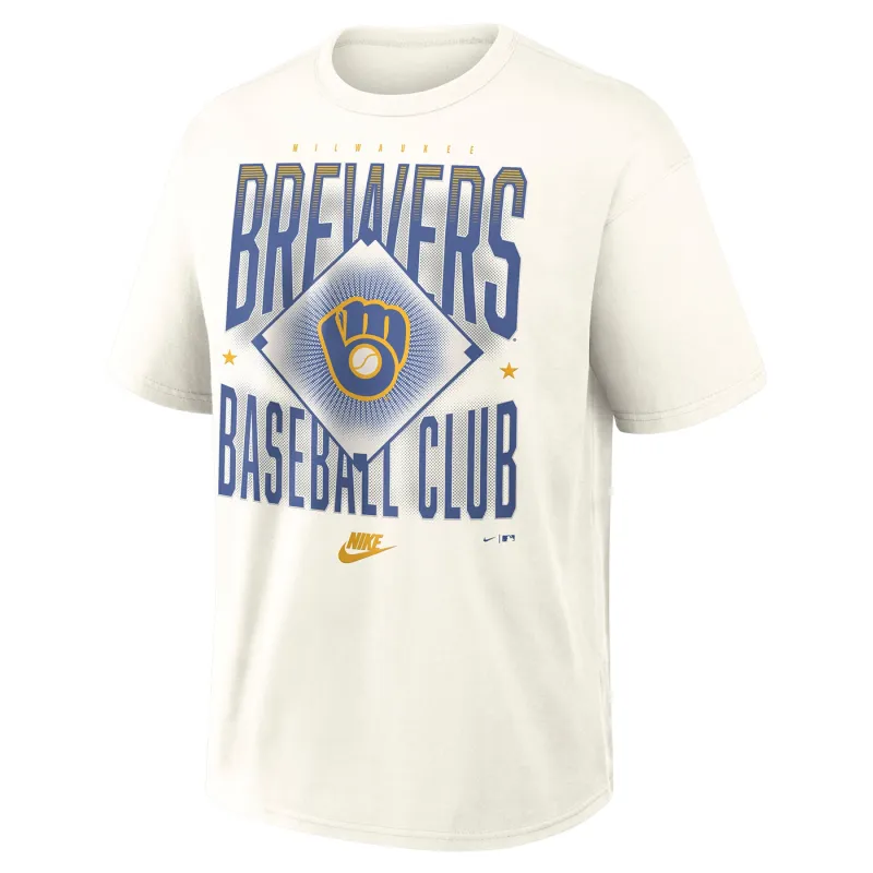 Front view of Sail Nike Brewers Max90 tee with blue Baseball Club graphic and Ball &amp; Glove logo