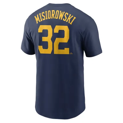 Back view of navy Nike Brewers tee with Misiorowski name and gold number 32