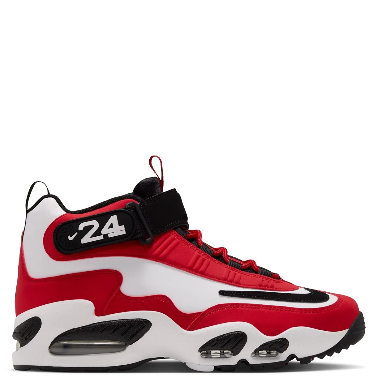 Opposite side view of Nike Air Griffey Max 1 Cincinnati Reds with number 24 ankle strap and black Swoosh.