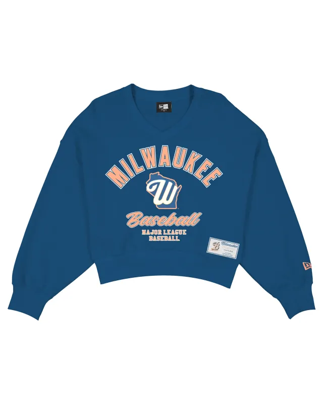 Front view of Base Blue women's Brewers City Connect V-neck sweatshirt with Milwaukee Baseball graphic