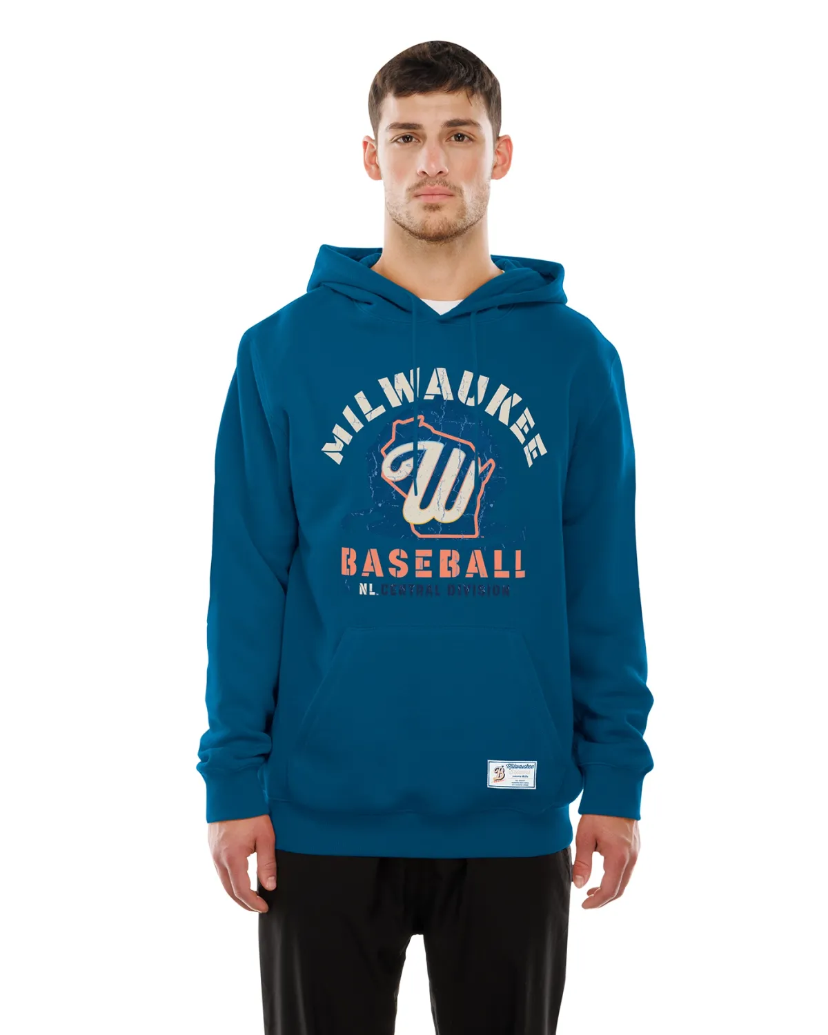 Front view of Base Blue Brewers hoodie worn by a model