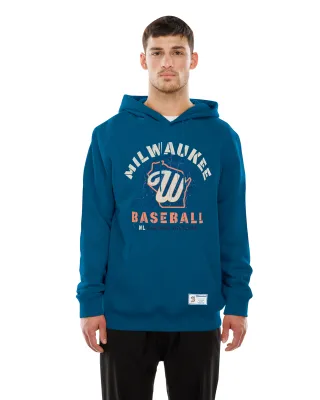 Front view of Base Blue Brewers hoodie worn by a model