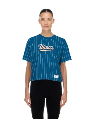 Front view of women's Base Blue Brewers City Connect tee with pinstripes and Wisco chest graphic