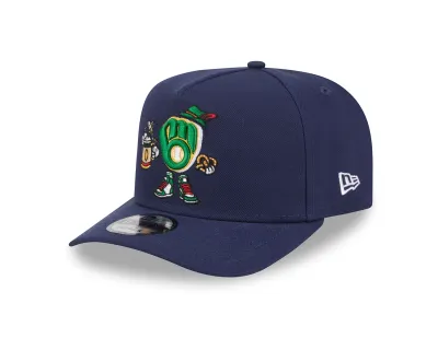 Angled view of navy Brewers snapback with cartoon glove graphic and white New Era flag