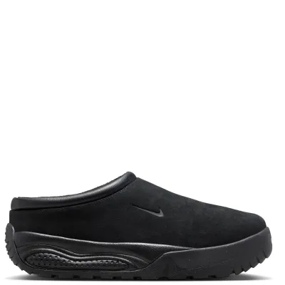 Opposite side view of the black Nike ACG Rufus mule showing the small Swoosh on its suede upper