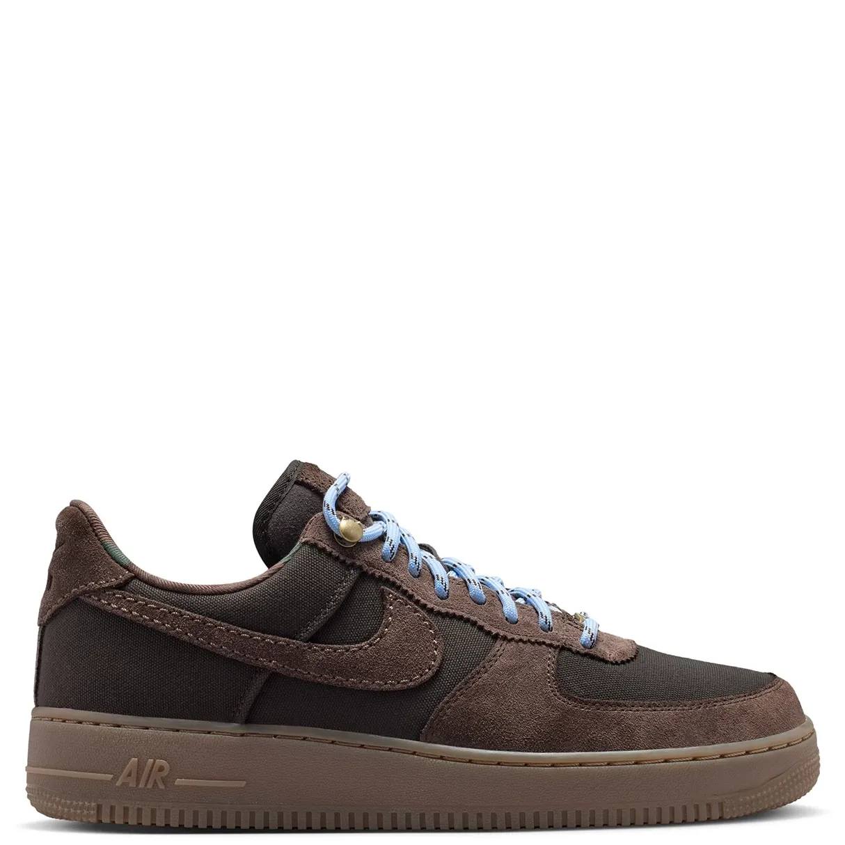 Opposite side view of the brown Nike Air Force 1 ’07 LV8 with blue patterned laces
