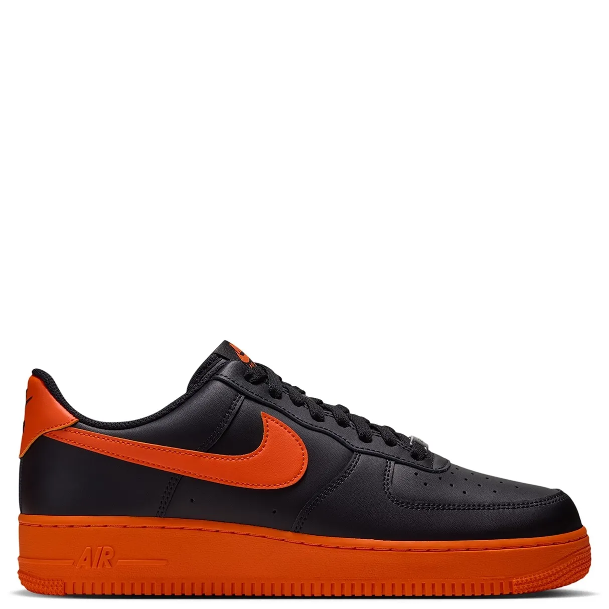 Opposite side view of the black and Safety Orange Nike Air Force 1 ’07