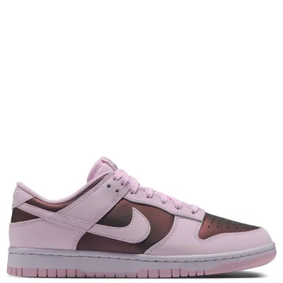 Opposite side view of the Pink Foam Nike Dunk Low with color-shifting toe and side panels