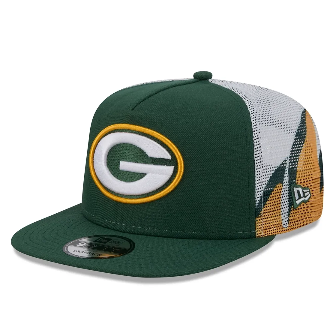 Left-angled view of the green Packers Shark Tooth hat with front G logo and patterned mesh