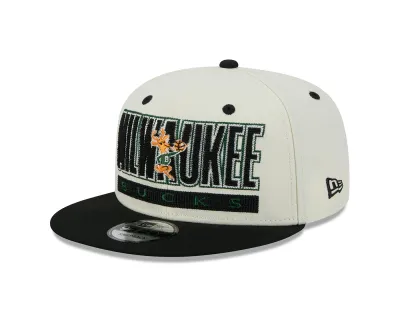 Angled front view of the cream Bucks Bango Block 9FIFTY Hat with Milwaukee embroidery and a flat black visor.