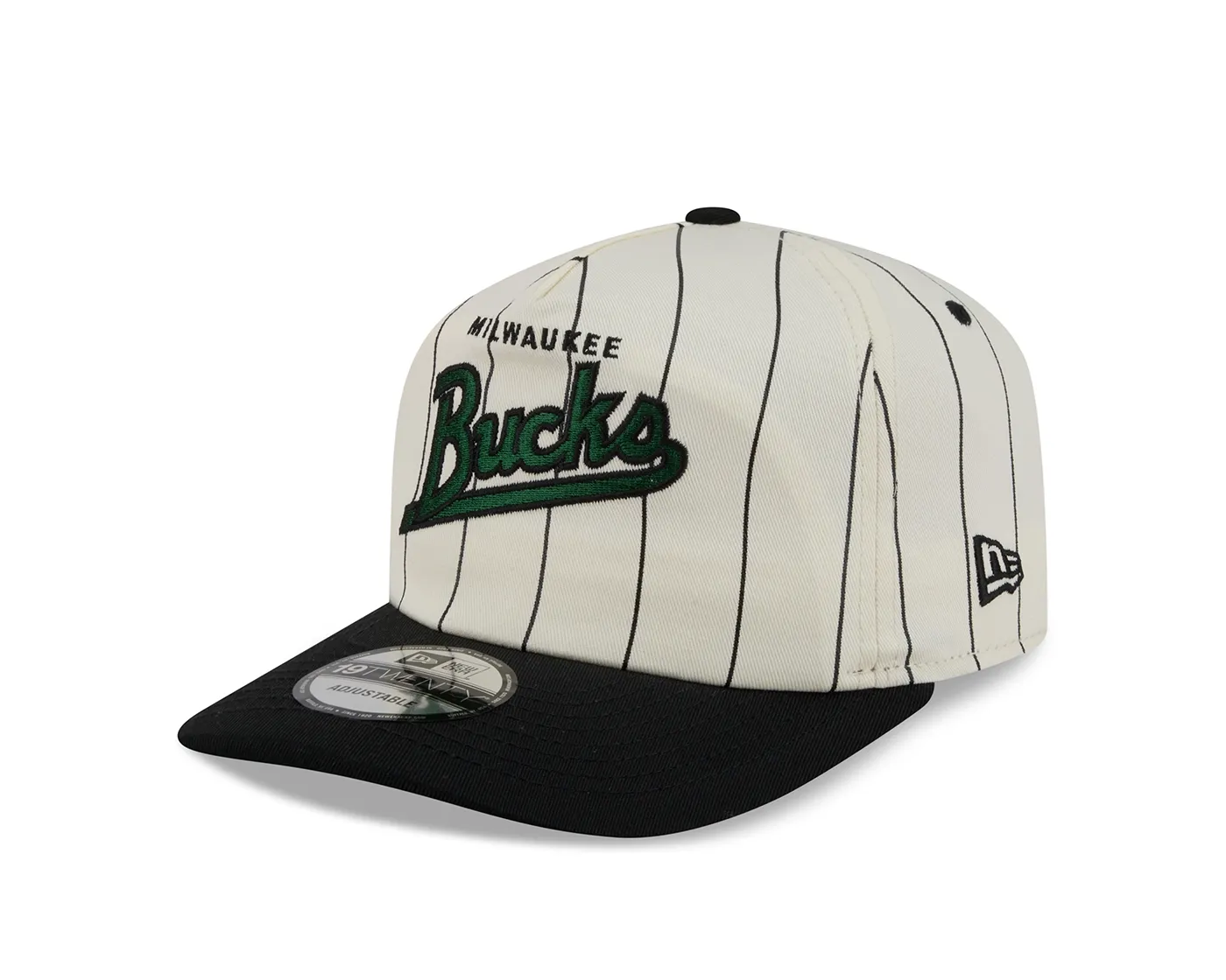 Angled front view of the cream Bucks Pinstripe 19TWENTY Hat with green script embroidery and a black visor.