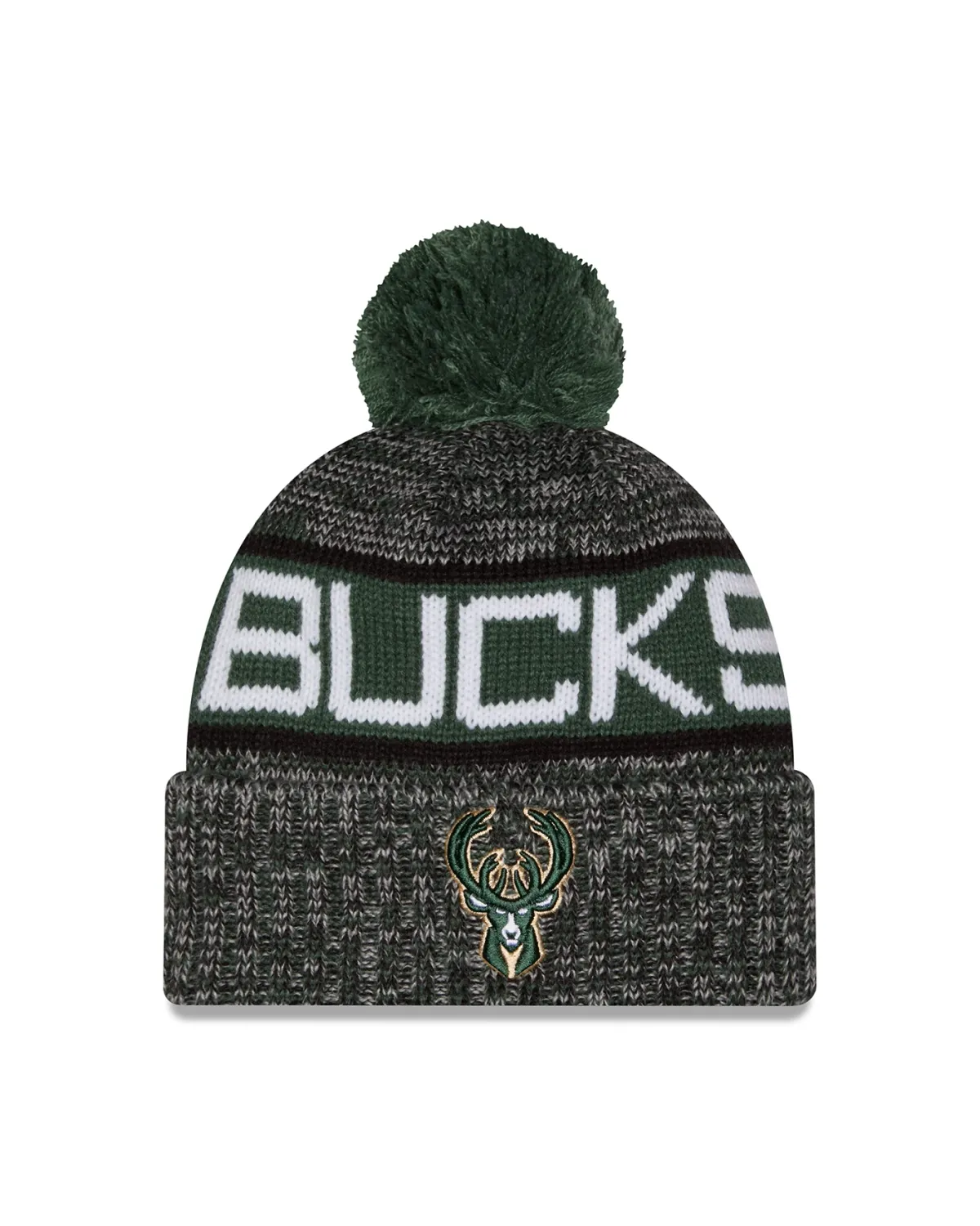 Front view of the New Era Bucks Tricolor Pom Beanie with white Bucks lettering, a deer logo and green pom.