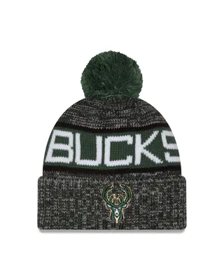 Front view of the New Era Bucks Tricolor Pom Beanie with white Bucks lettering, a deer logo and green pom.