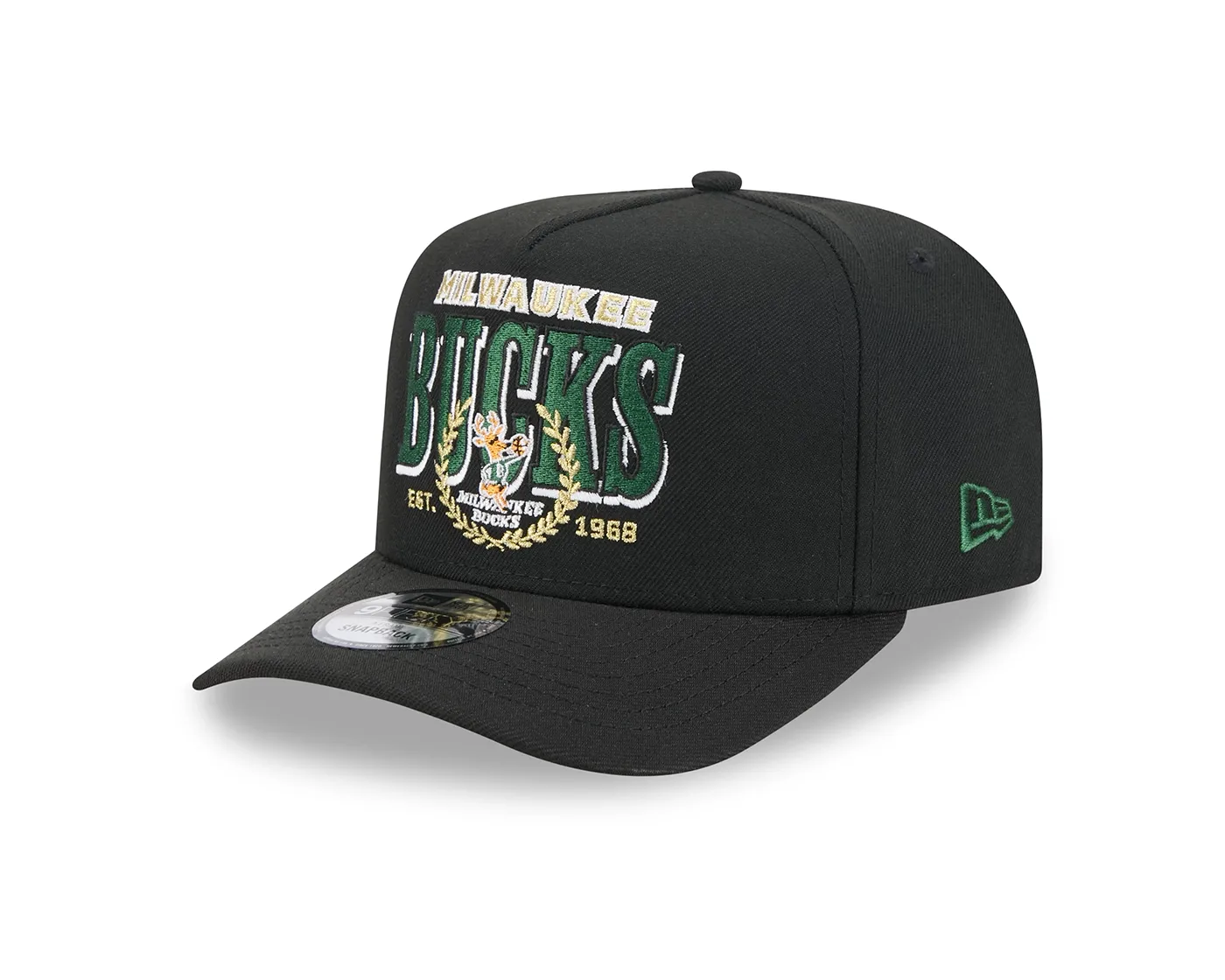 Angled front view of the black New Era Bucks Laurel 9FIFTY A-Frame Hat with team lettering and Bango embroidery.