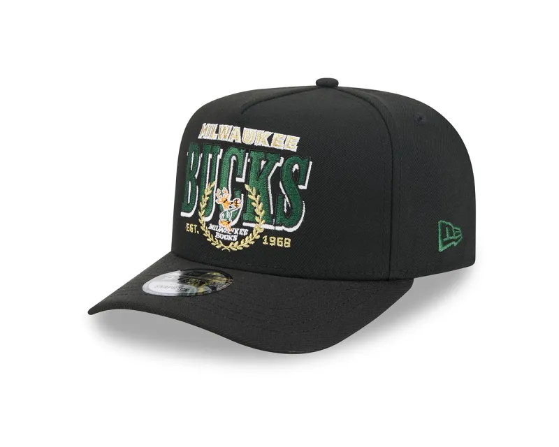 Angled front view of the black New Era Bucks Laurel 9FIFTY A-Frame Hat with team lettering and Bango embroidery.