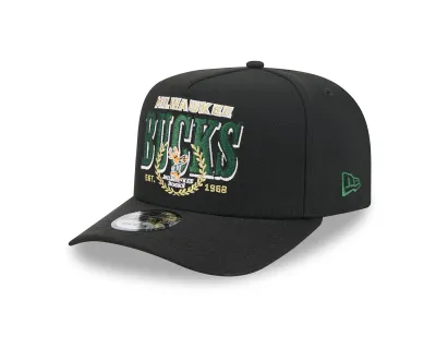 Angled front view of the black New Era Bucks Laurel 9FIFTY A-Frame Hat with team lettering and Bango embroidery.